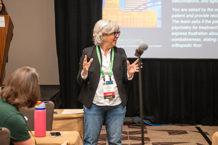 Tina Bezai, MD, FACLP, DLFAPA, leads the inaugural 2023 skills course for APPs in Austin.